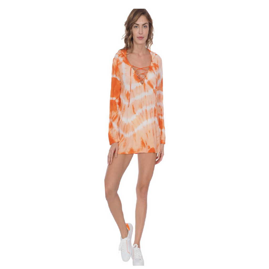 Tie Dye Cover Up Dress with Hoodie - CORAL